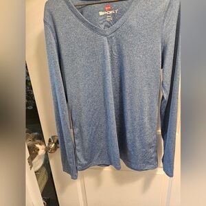 Hanes Marled Blue V Neck Long Sleeve Workout Fitness Exercise Boxing Tee